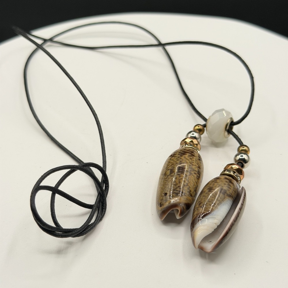 Natural Olive Seashell Pendant Necklace Black Cord Beaded Coastal Boho Jewelry